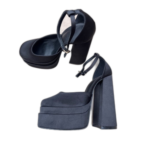 Black 6 in block heel with 2 in platform, glossy fabric, cool disco shoes, 8 - Picture 8 of 11